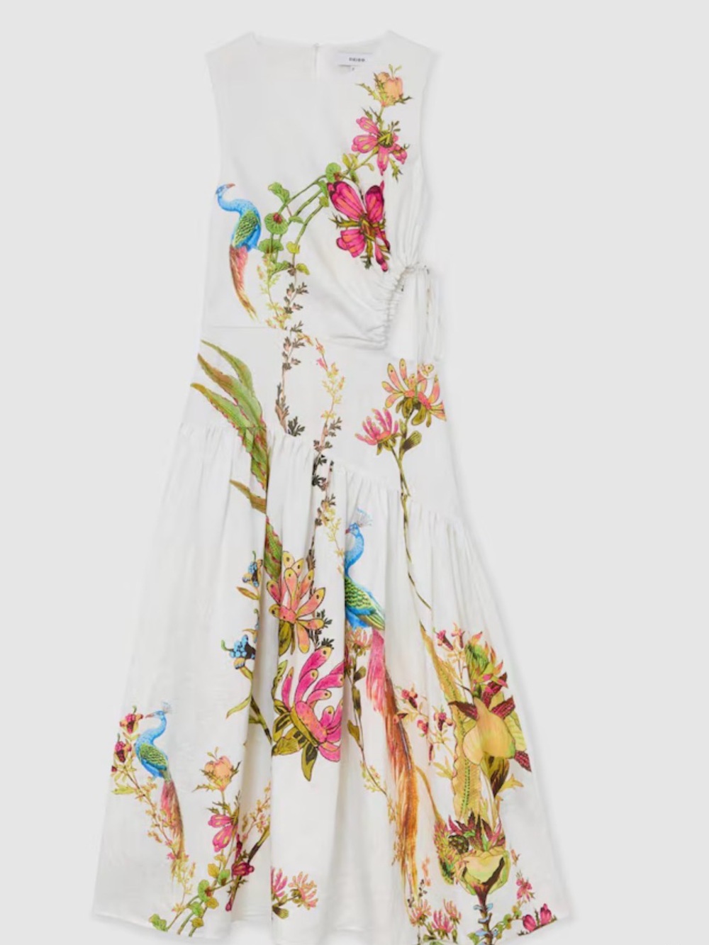 Reiss Bianca Linen Floral Peacock Cutout Maxi Dress Ivory US 4 NWOT